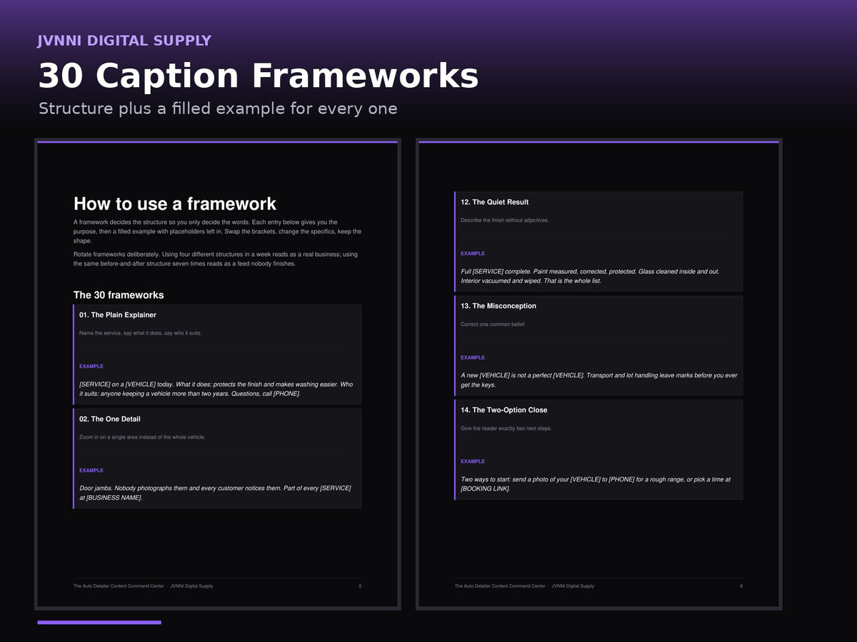 Real pages from the 30 Caption Frameworks PDF