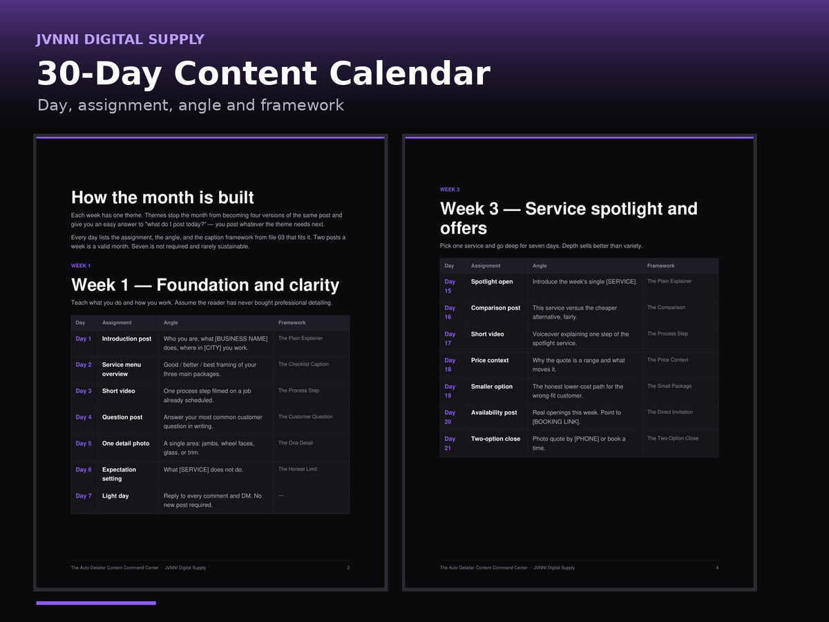 Real pages from the 30-Day Content Calendar PDF