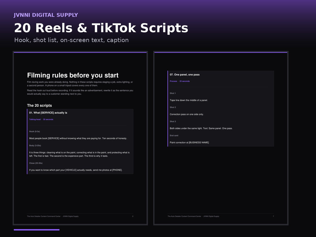 Real pages from the 20 Reels and TikTok Scripts PDF