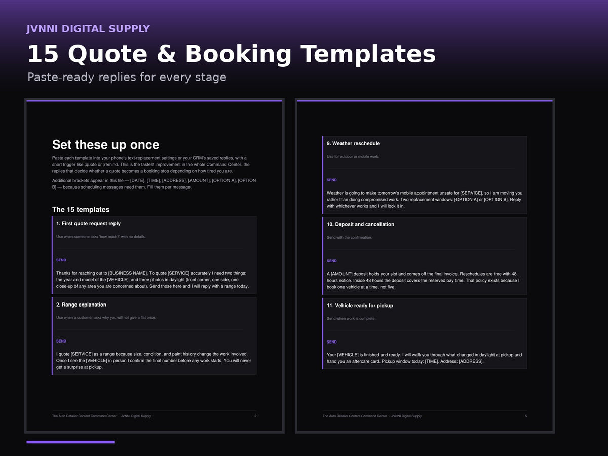 Real pages from the 15 Quote and Booking Message Templates PDF